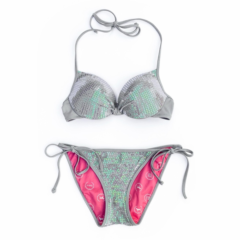 Victoria’s Secret Grey Sequin Swimsuit Push-up Top